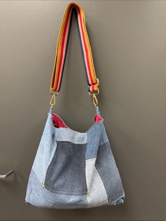 Source Unknown Handbags - NWOT Denim Patchwork Hobo Bag with Striped Strap - Blue and Red